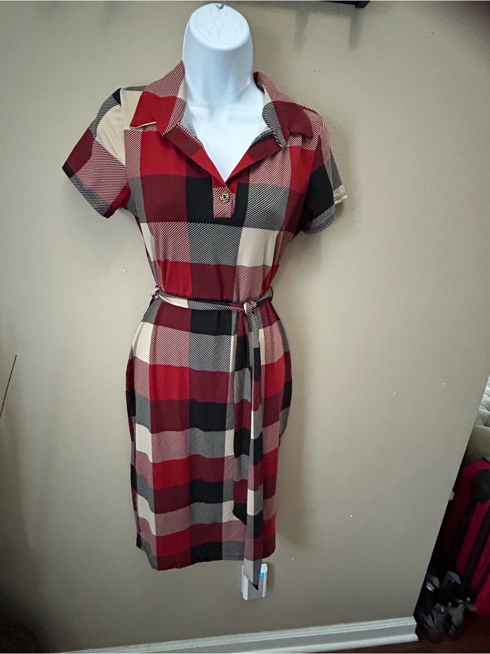 Classic Red Plaid Shirt Dress with Belt